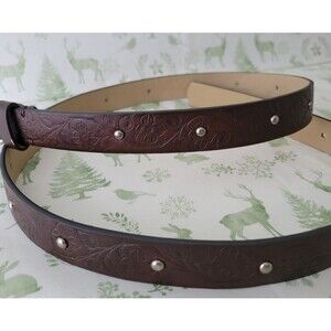 Women’s Boho Floral Studded Brown Belt Silver Horseshoe Buckle Adjustable 48”